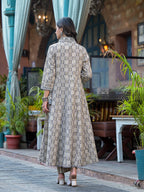 Embroidered & Printed Flared Kurta With Pant & Dupatta, Grey - Hiral Fashion