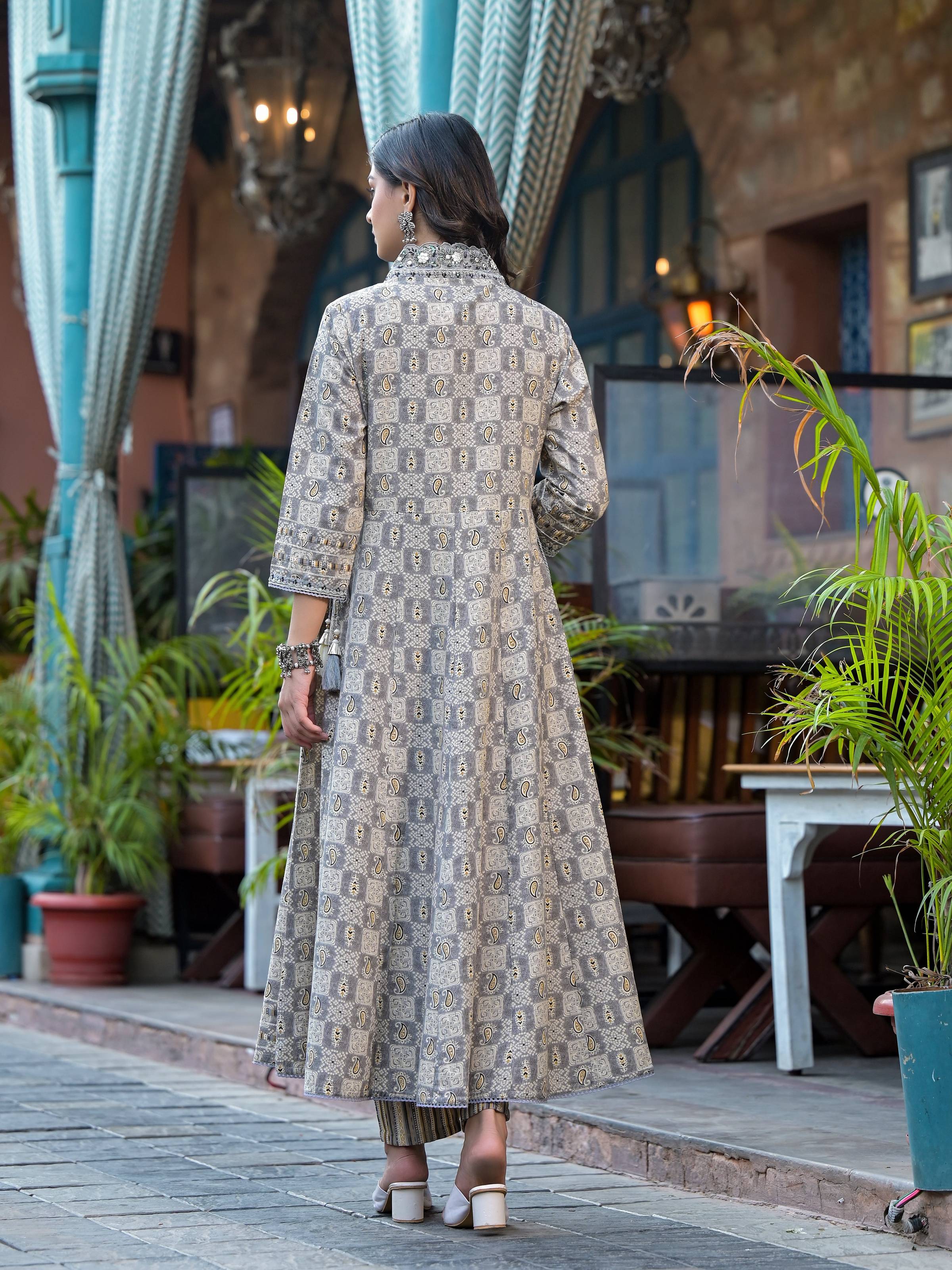 Embroidered & Printed Flared Kurta With Pant & Dupatta, Grey - Hiral Fashion