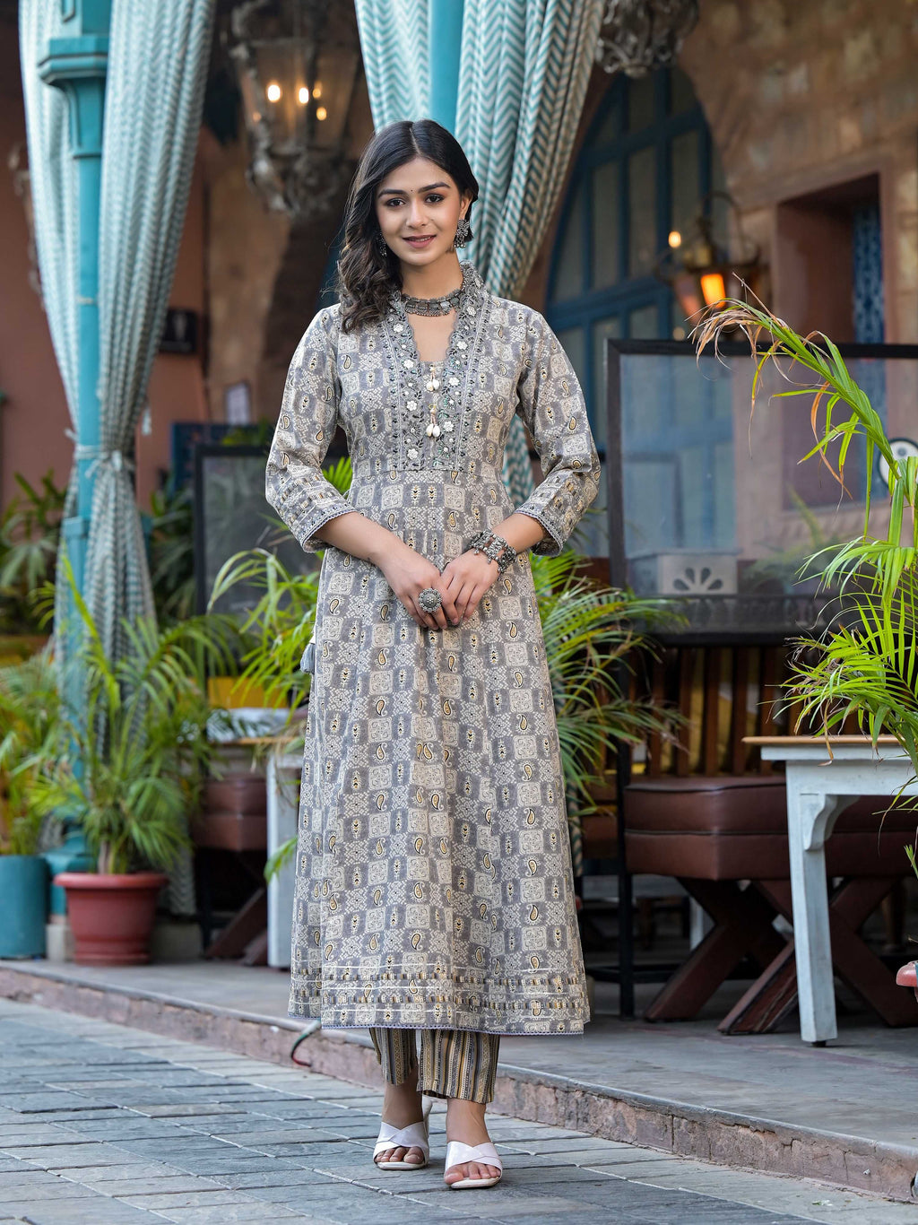 Embroidered & Printed Flared Kurta With Pant & Dupatta, Grey - Hiral Fashion