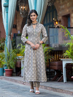 Embroidered & Printed Flared Kurta With Pant & Dupatta, Grey - Hiral Fashion