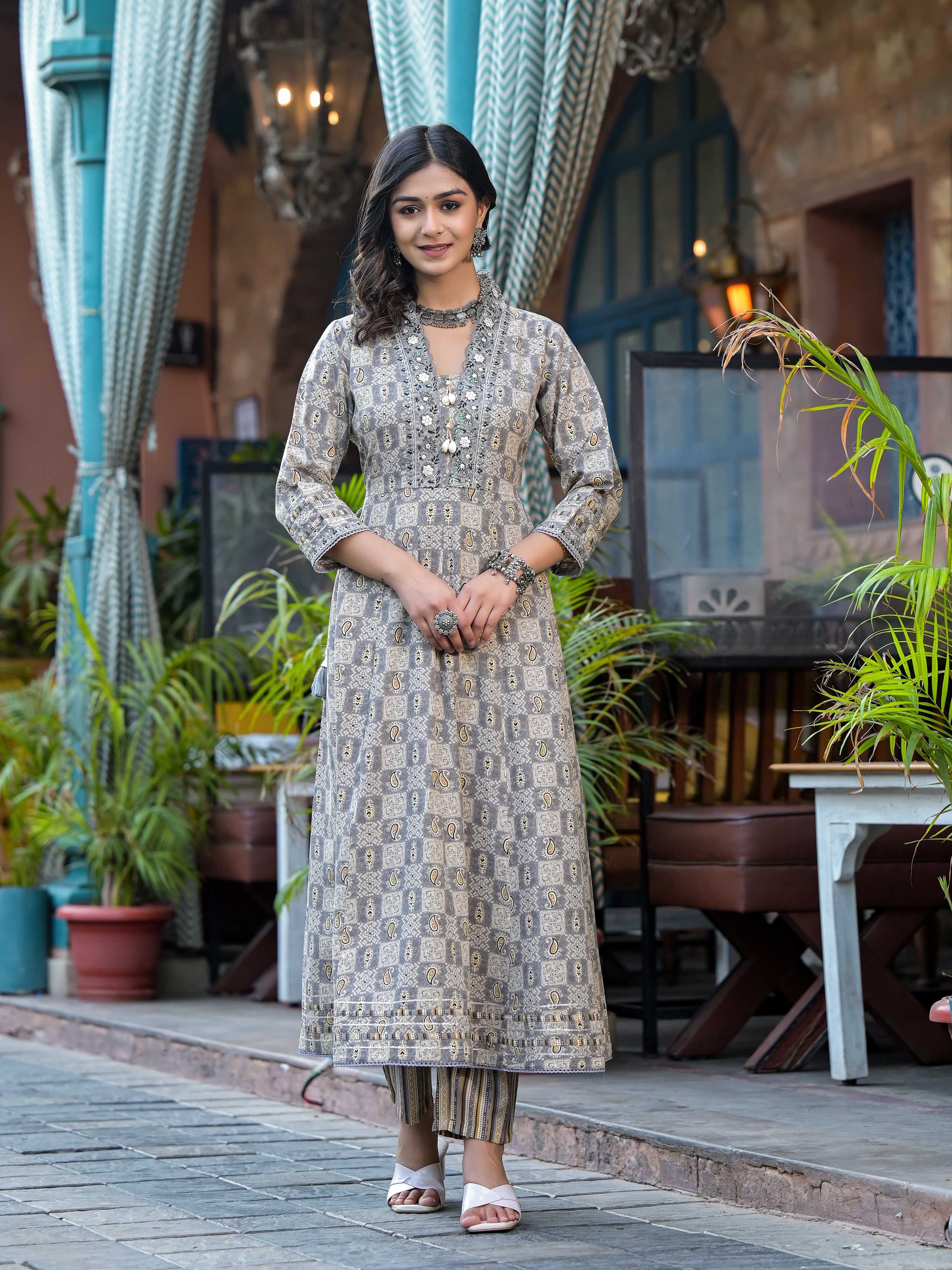 Embroidered & Printed Flared Kurta With Pant & Dupatta, Grey - Hiral Fashion