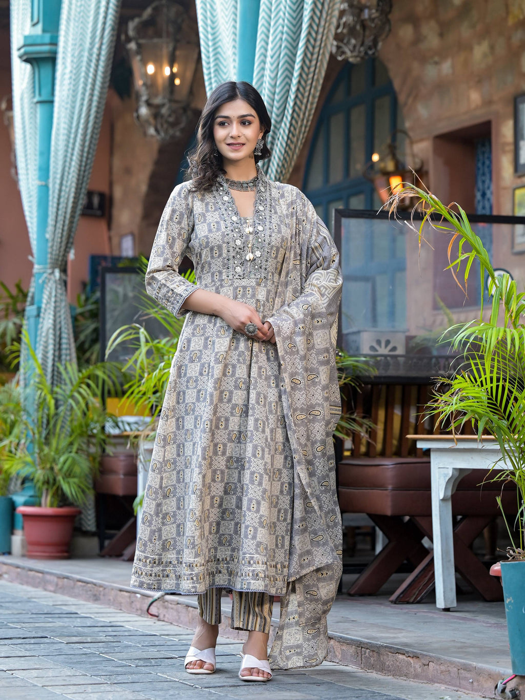 Embroidered & Printed Flared Kurta With Pant & Dupatta, Grey - Hiral Fashion