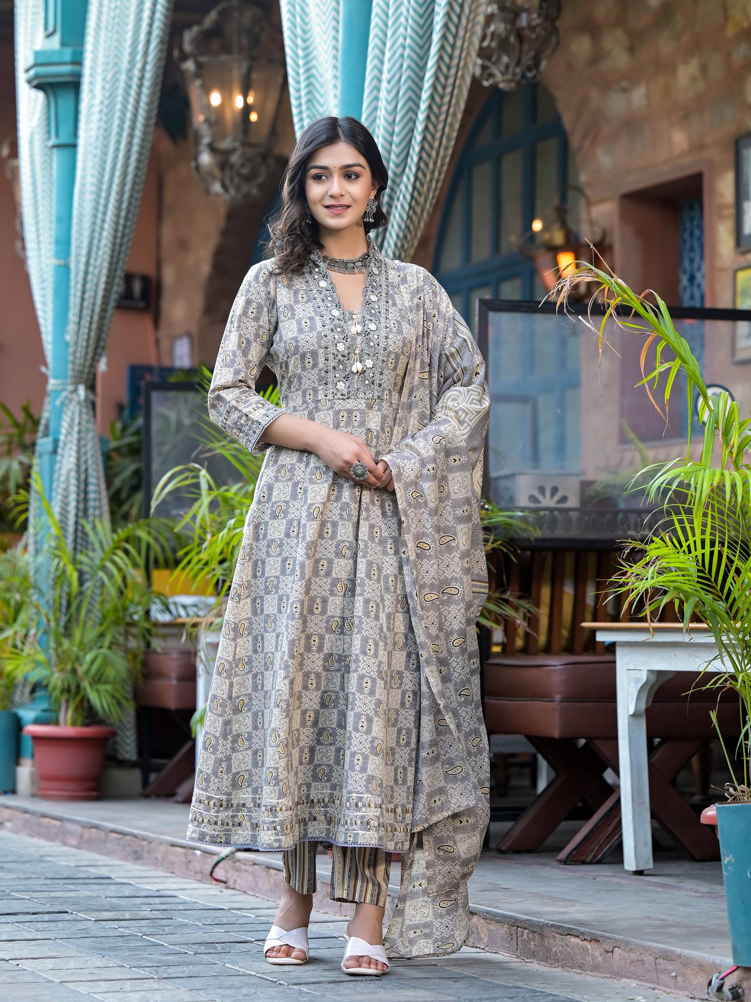 Embroidered & Printed Flared Kurta With Pant & Dupatta, Grey - Hiral Fashion