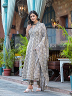Embroidered & Printed Flared Kurta With Pant & Dupatta, Grey - Hiral Fashion