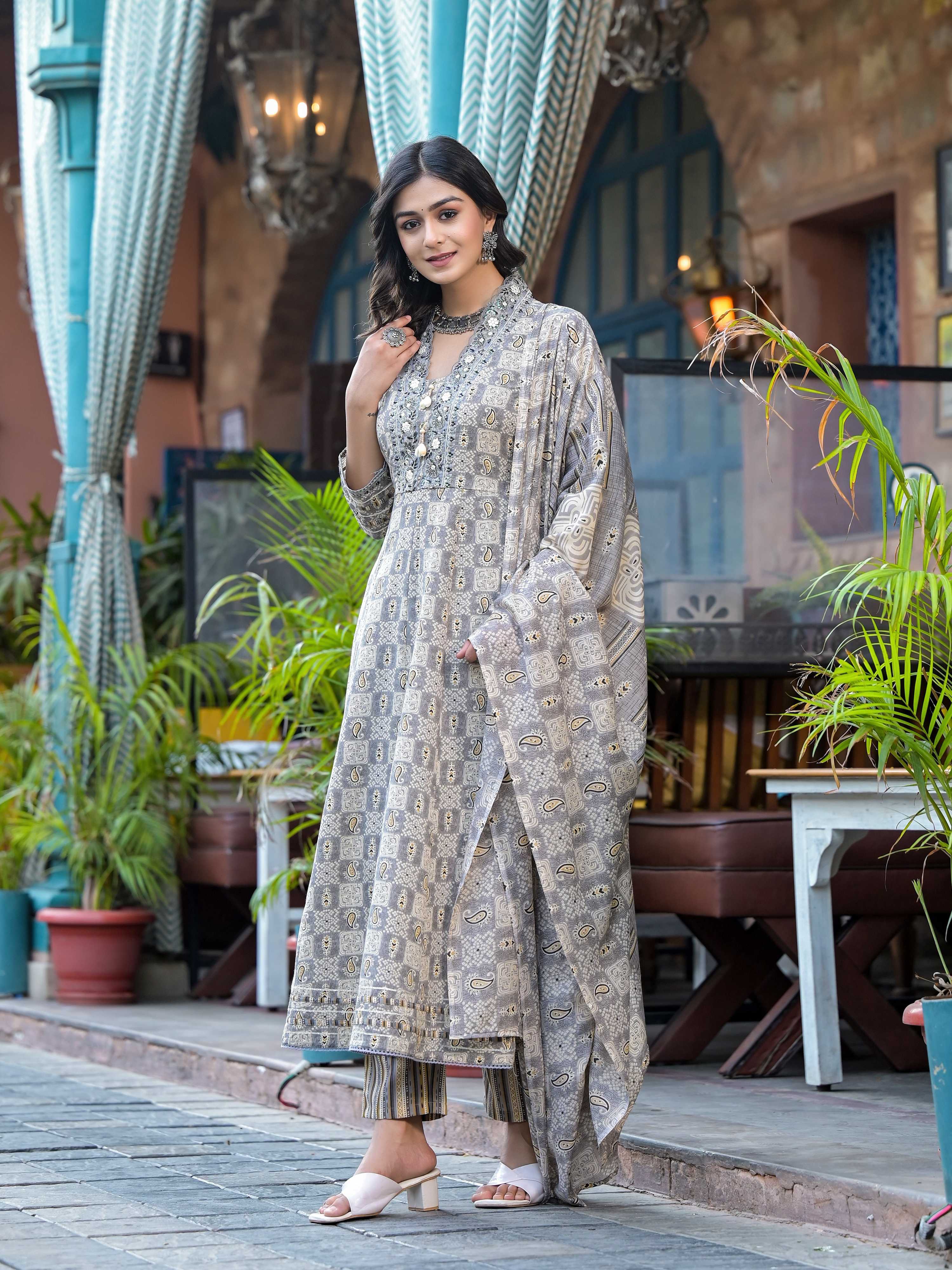 Embroidered & Printed Flared Kurta With Pant & Dupatta, Grey - Hiral Fashion