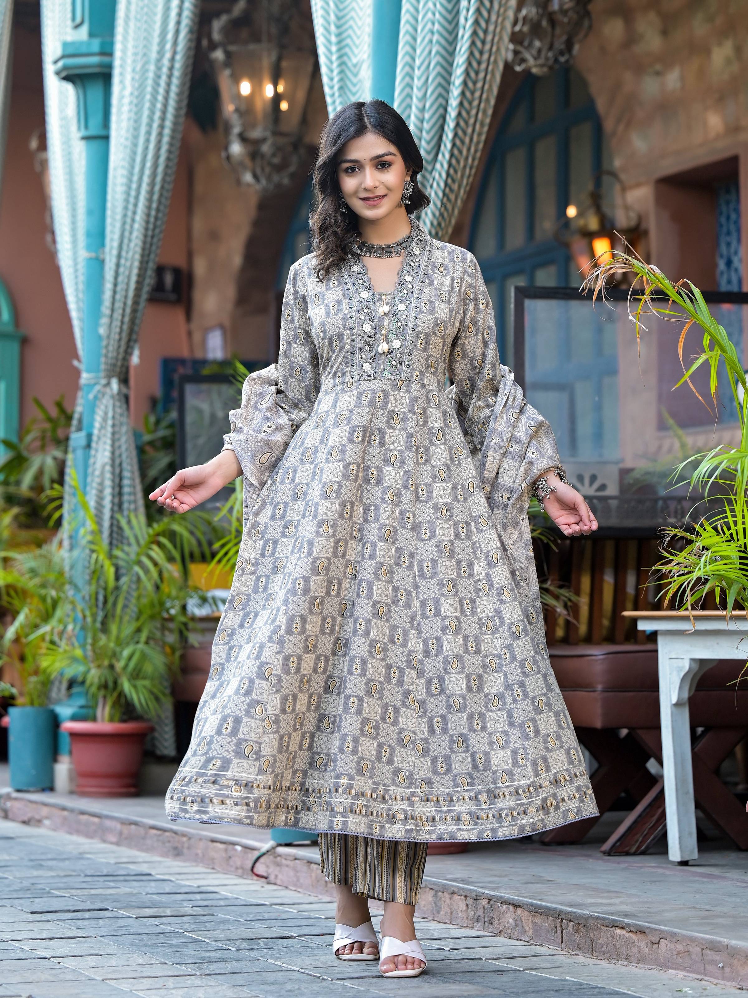 Embroidered & Printed Flared Kurta With Pant & Dupatta, Grey - Hiral Fashion