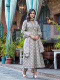 Embroidered & Printed Flared Kurta With Pant & Dupatta, Grey - Hiral Fashion