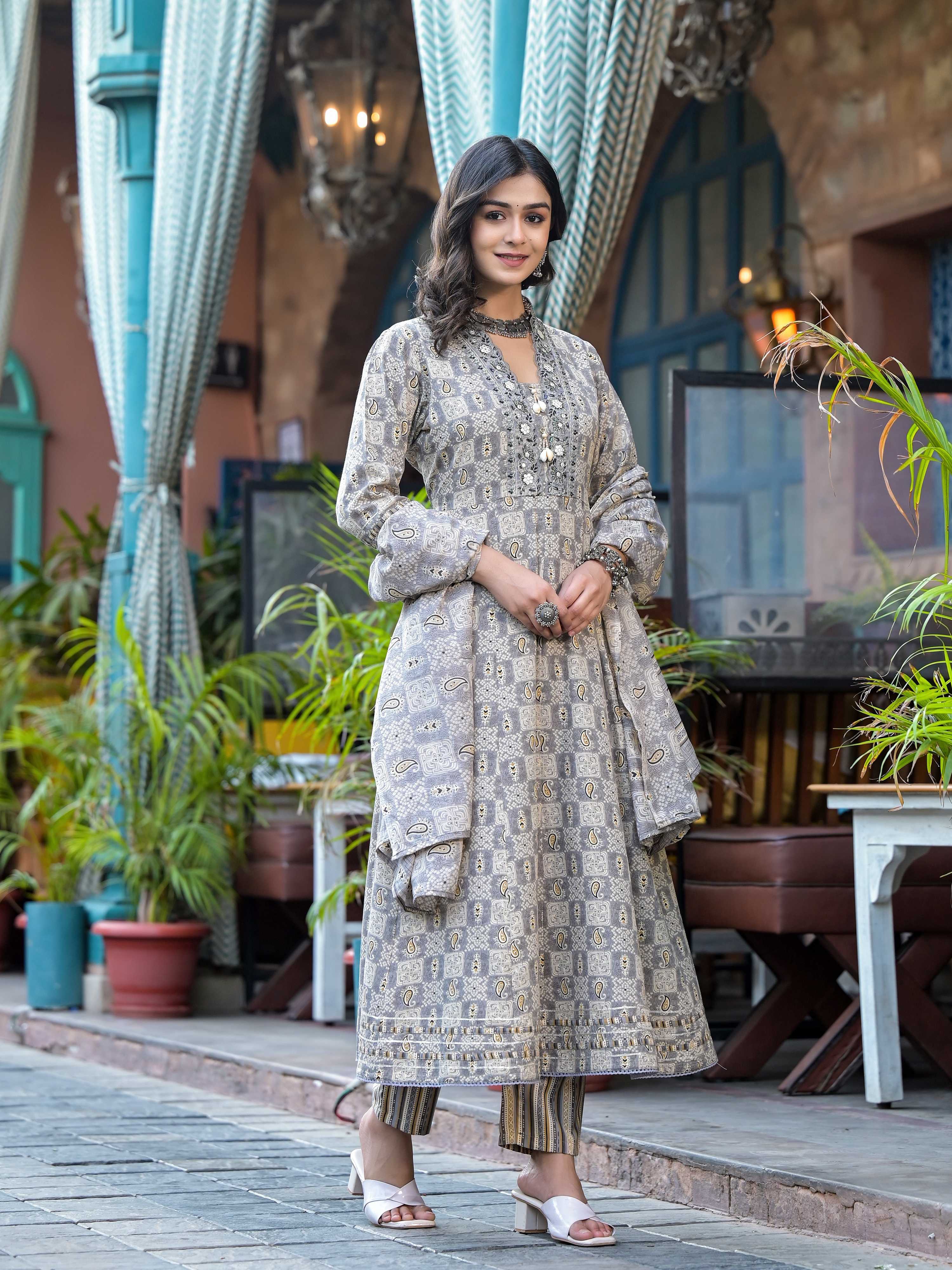 Embroidered & Printed Flared Kurta With Pant & Dupatta, Grey - Hiral Fashion