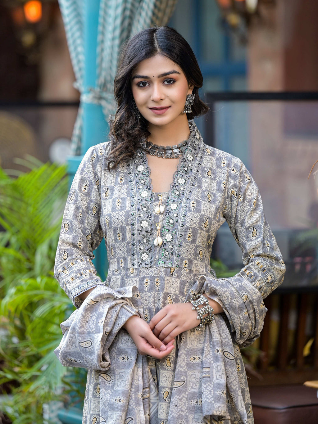 Embroidered & Printed Flared Kurta With Pant & Dupatta, Grey - Hiral Fashion