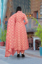 Embroidered & Printed Flared Kurta With Pant & Dupatta, Orange - Hiral Fashion