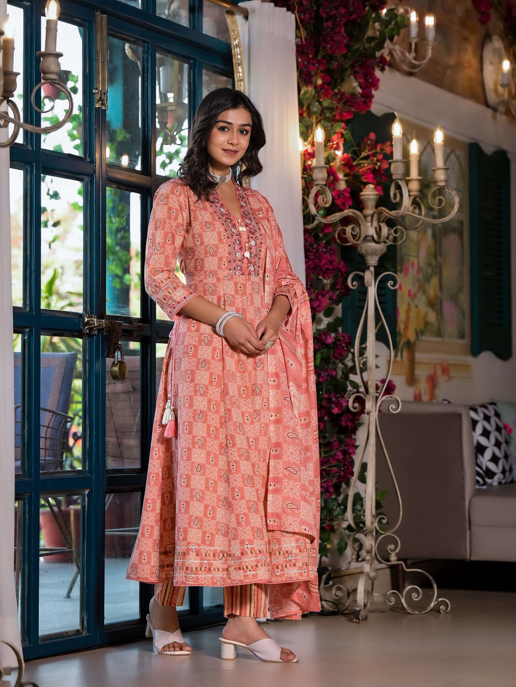 Embroidered & Printed Flared Kurta With Pant & Dupatta, Orange - Hiral Fashion