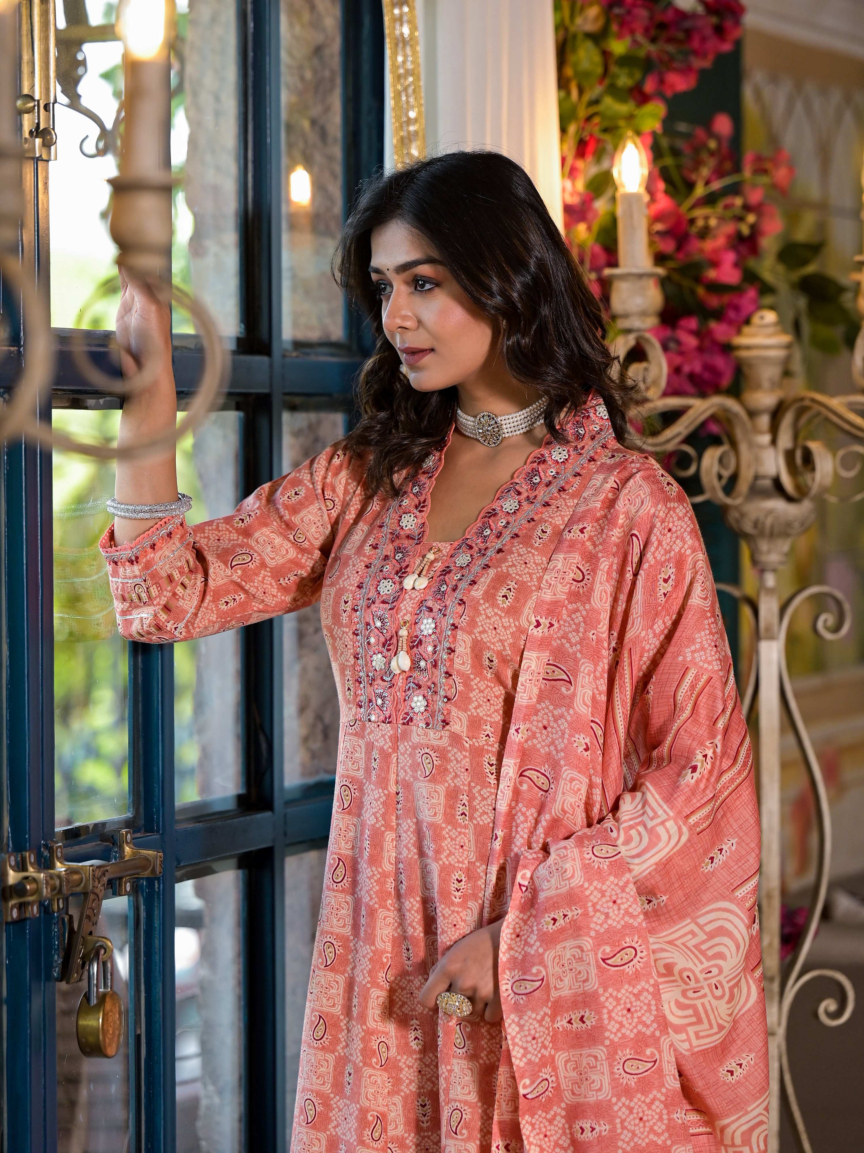 Embroidered & Printed Flared Kurta With Pant & Dupatta, Orange - Hiral Fashion