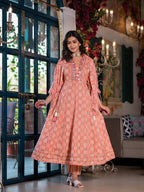 Embroidered & Printed Flared Kurta With Pant & Dupatta, Orange - Hiral Fashion