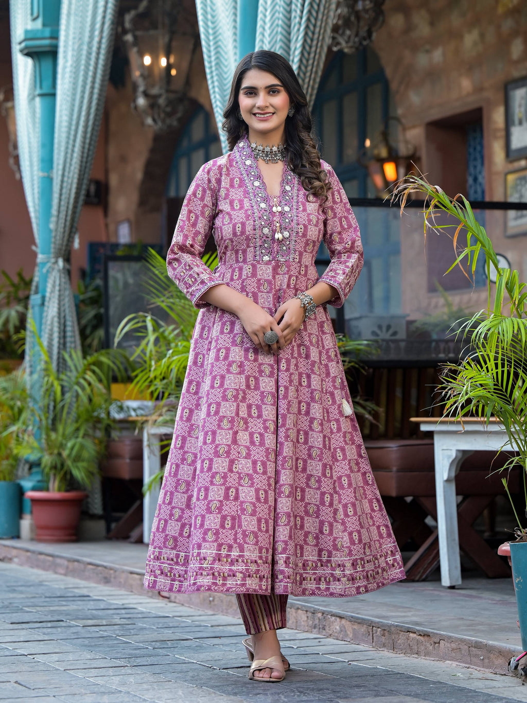Embroidered & Printed Flared Kurta With Pant & Dupatta, Pink - Hiral Fashion