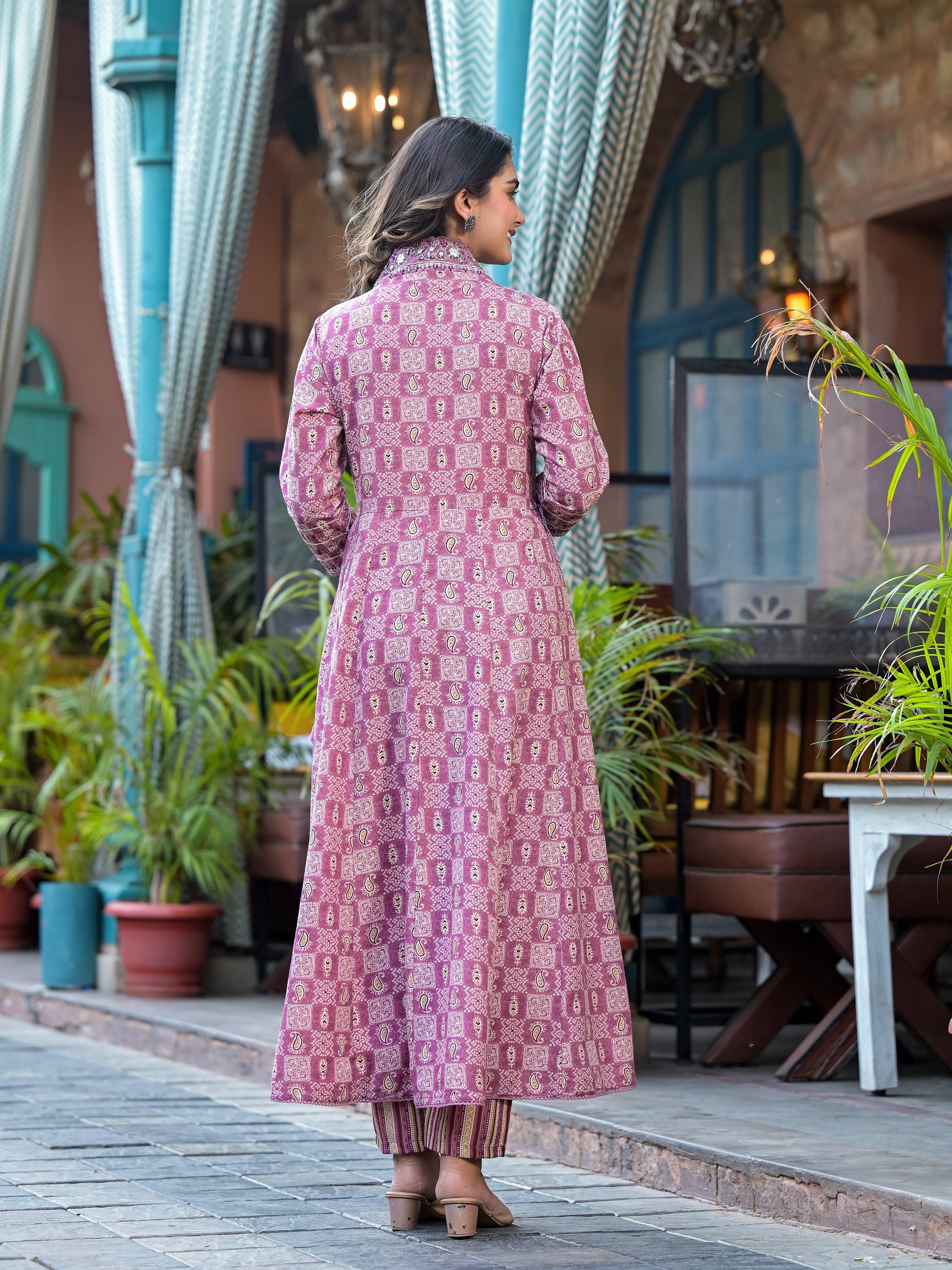 Embroidered & Printed Flared Kurta With Pant & Dupatta, Pink - Hiral Fashion