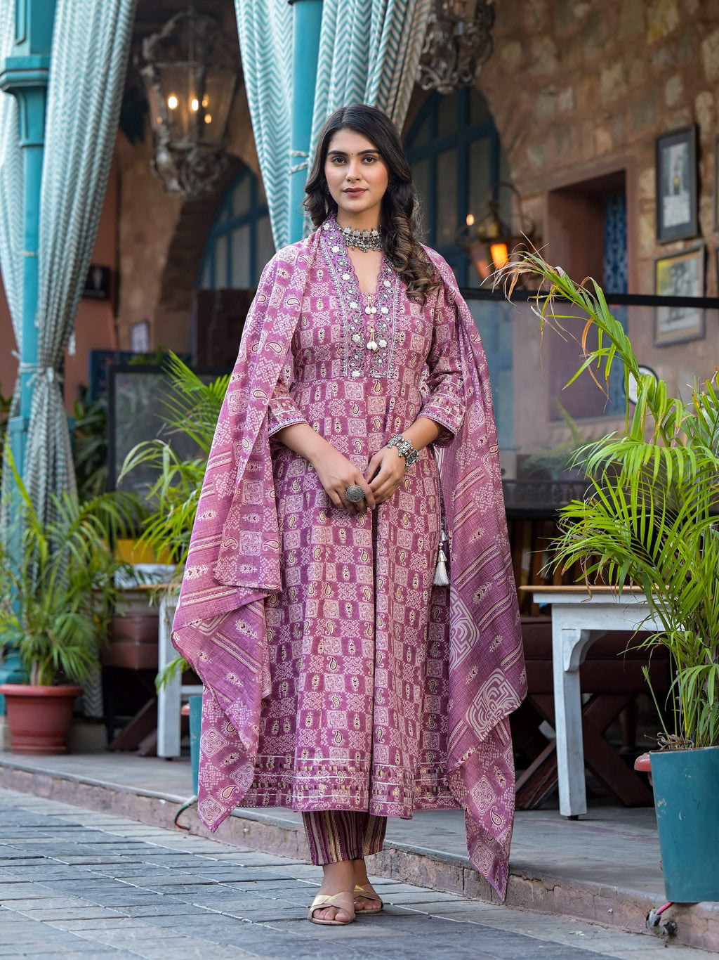 Embroidered & Printed Flared Kurta With Pant & Dupatta, Pink - Hiral Fashion
