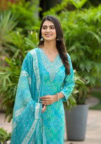 Applique Embroidered & Bandhani Printed Kurta With Pant & Printed Dupatta, Blue - Hiral Fashion - Distacart