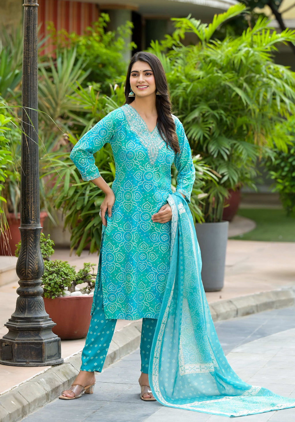Applique Embroidered & Bandhani Printed Kurta With Pant & Printed Dupatta, Blue - Hiral Fashion - Distacart