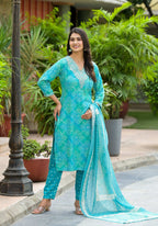 Applique Embroidered & Bandhani Printed Kurta With Pant & Printed Dupatta, Blue - Hiral Fashion - Distacart