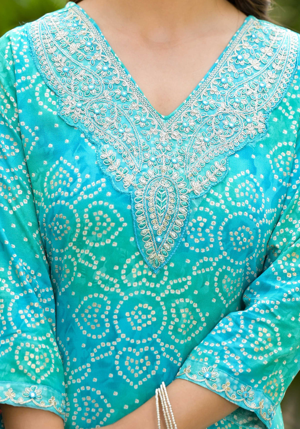 Applique Embroidered & Bandhani Printed Kurta With Pant & Printed Dupatta, Blue - Hiral Fashion - Distacart