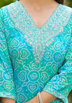 Applique Embroidered & Bandhani Printed Kurta With Pant & Printed Dupatta, Blue - Hiral Fashion - Distacart