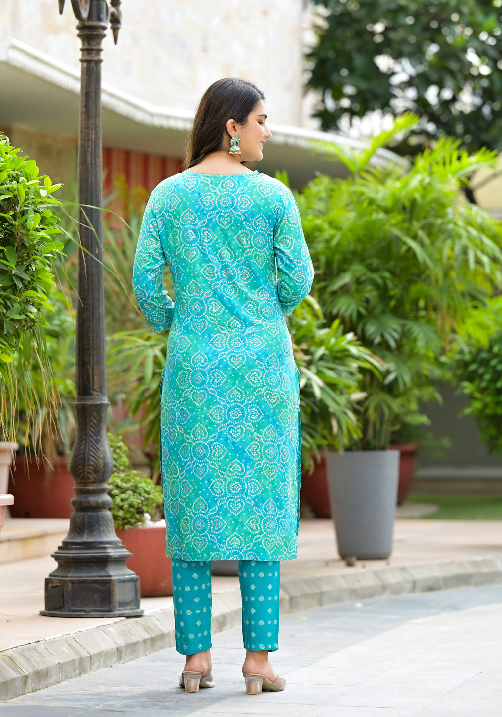 Applique Embroidered & Bandhani Printed Kurta With Pant & Printed Dupatta, Blue - Hiral Fashion - Distacart