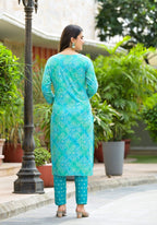 Applique Embroidered & Bandhani Printed Kurta With Pant & Printed Dupatta, Blue - Hiral Fashion - Distacart