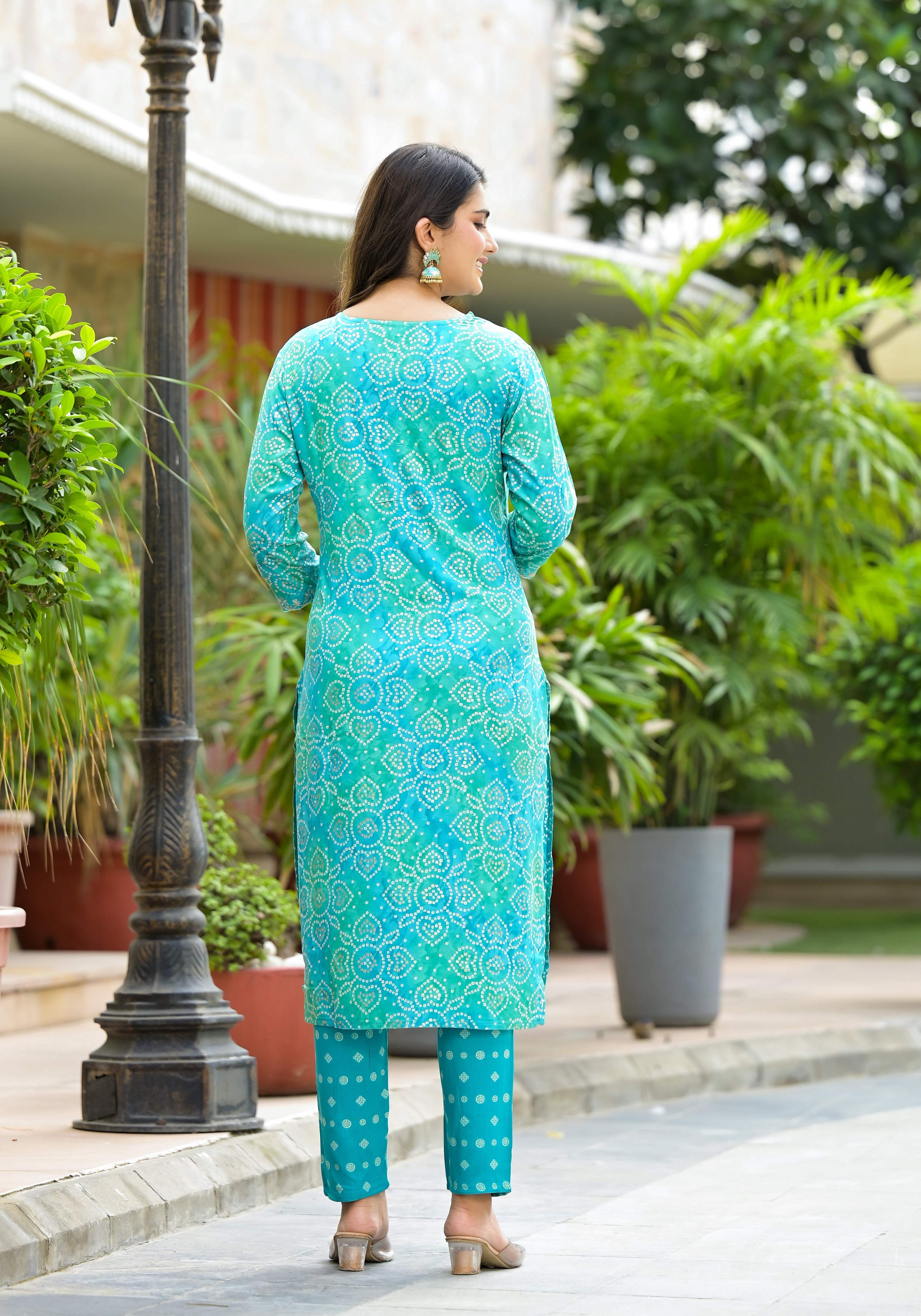 Applique Embroidered & Bandhani Printed Kurta With Pant & Printed Dupatta, Blue - Hiral Fashion - Distacart