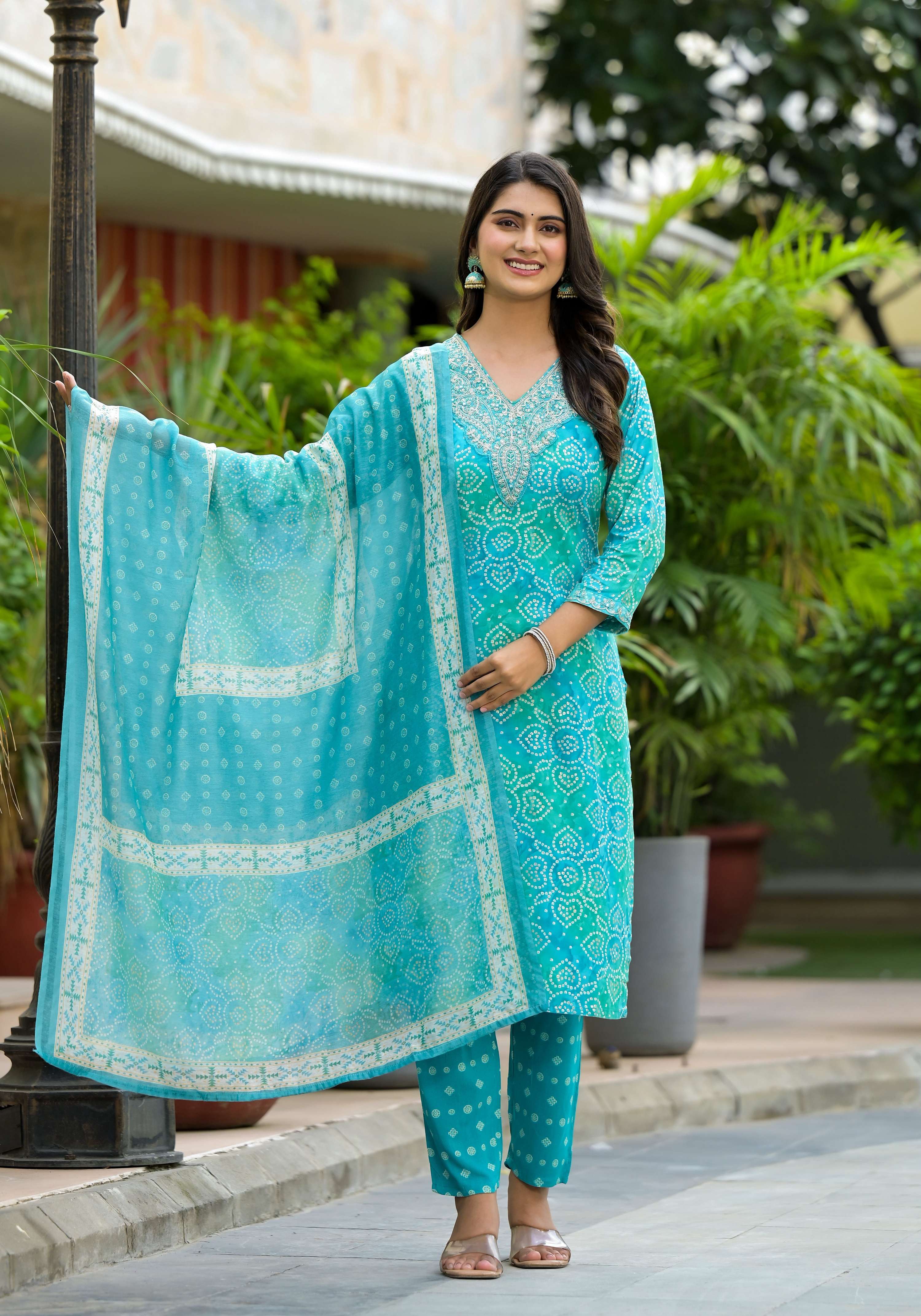 Applique Embroidered & Bandhani Printed Kurta With Pant & Printed Dupatta, Blue - Hiral Fashion - Distacart