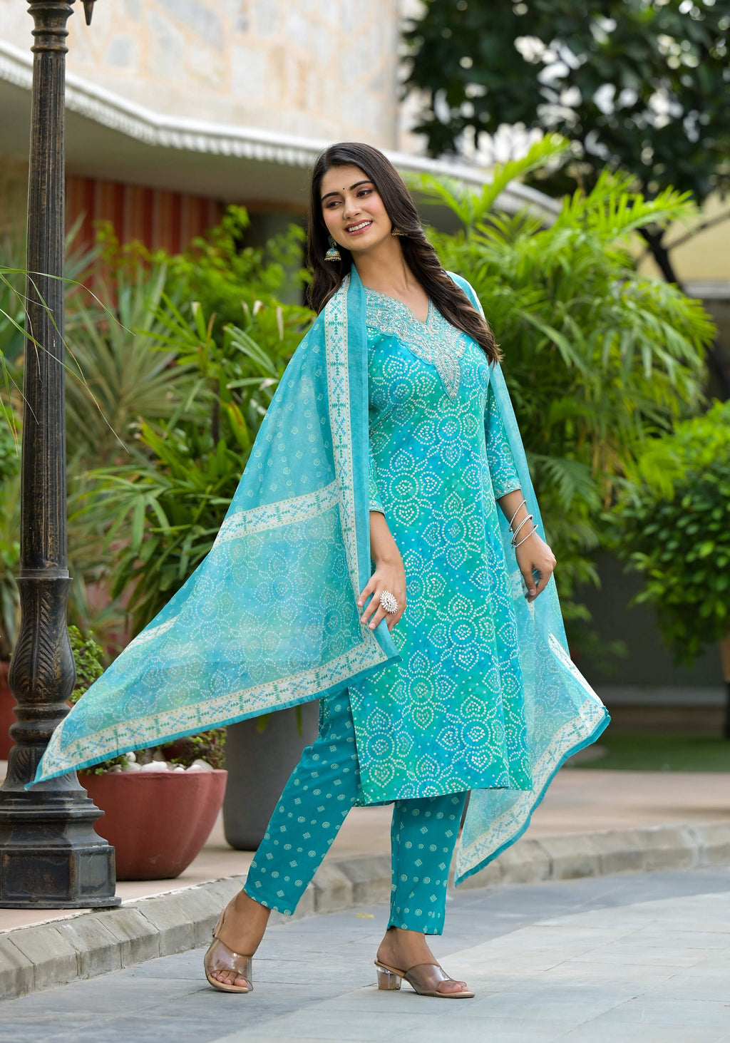 Applique Embroidered & Bandhani Printed Kurta With Pant & Printed Dupatta, Blue - Hiral Fashion - Distacart