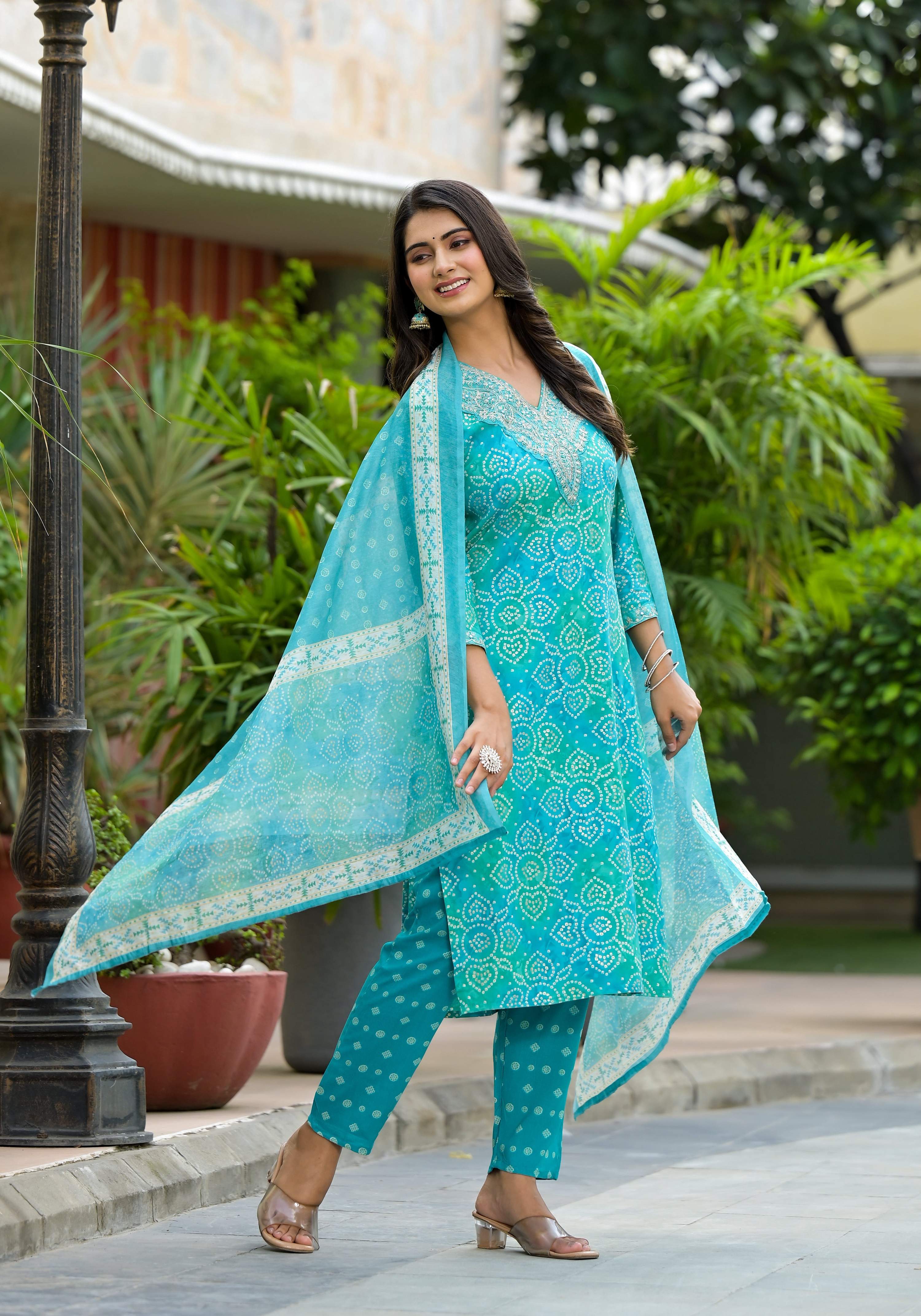 Applique Embroidered & Bandhani Printed Kurta With Pant & Printed Dupatta, Blue - Hiral Fashion - Distacart