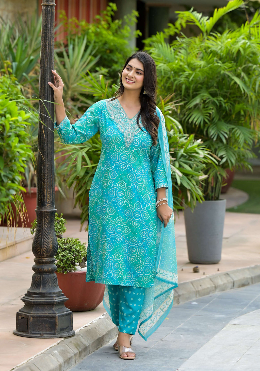 Applique Embroidered & Bandhani Printed Kurta With Pant & Printed Dupatta, Blue - Hiral Fashion - Distacart