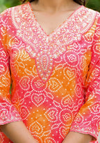 Applique Embroidered & Bandhani Printed Kurta With Pant & Printed Dupatta, Orange - Hiral Fashion - Distacart