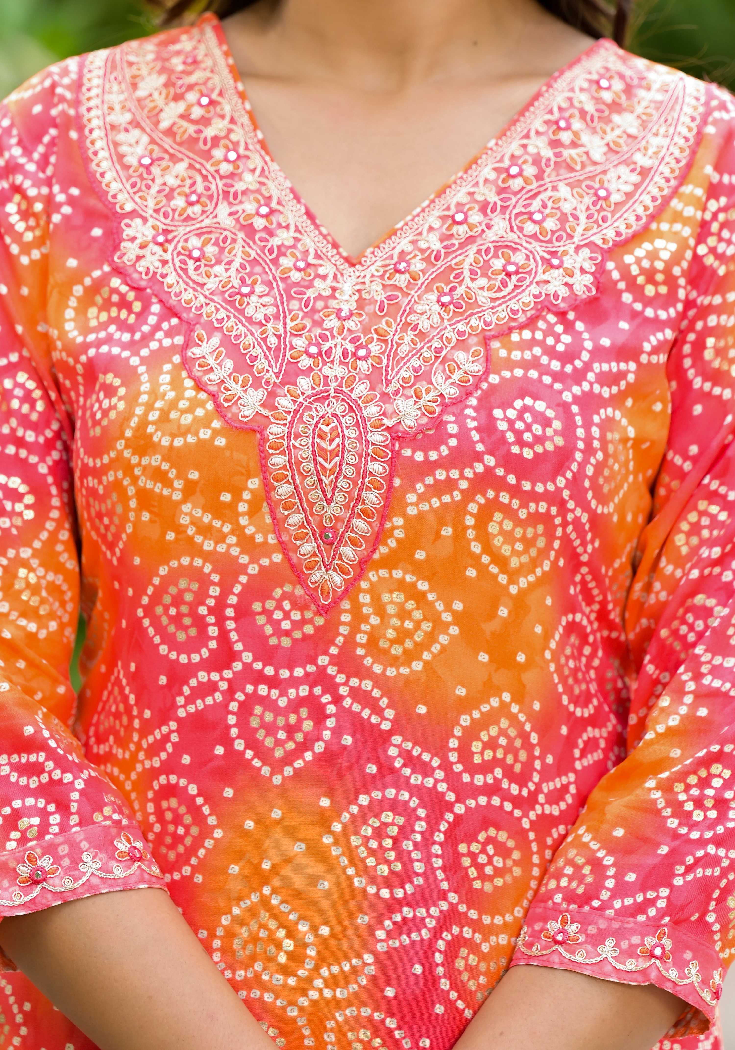 Applique Embroidered & Bandhani Printed Kurta With Pant & Printed Dupatta, Orange - Hiral Fashion - Distacart
