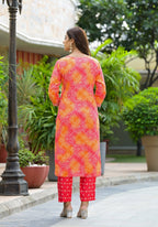 Applique Embroidered & Bandhani Printed Kurta With Pant & Printed Dupatta, Orange - Hiral Fashion - Distacart