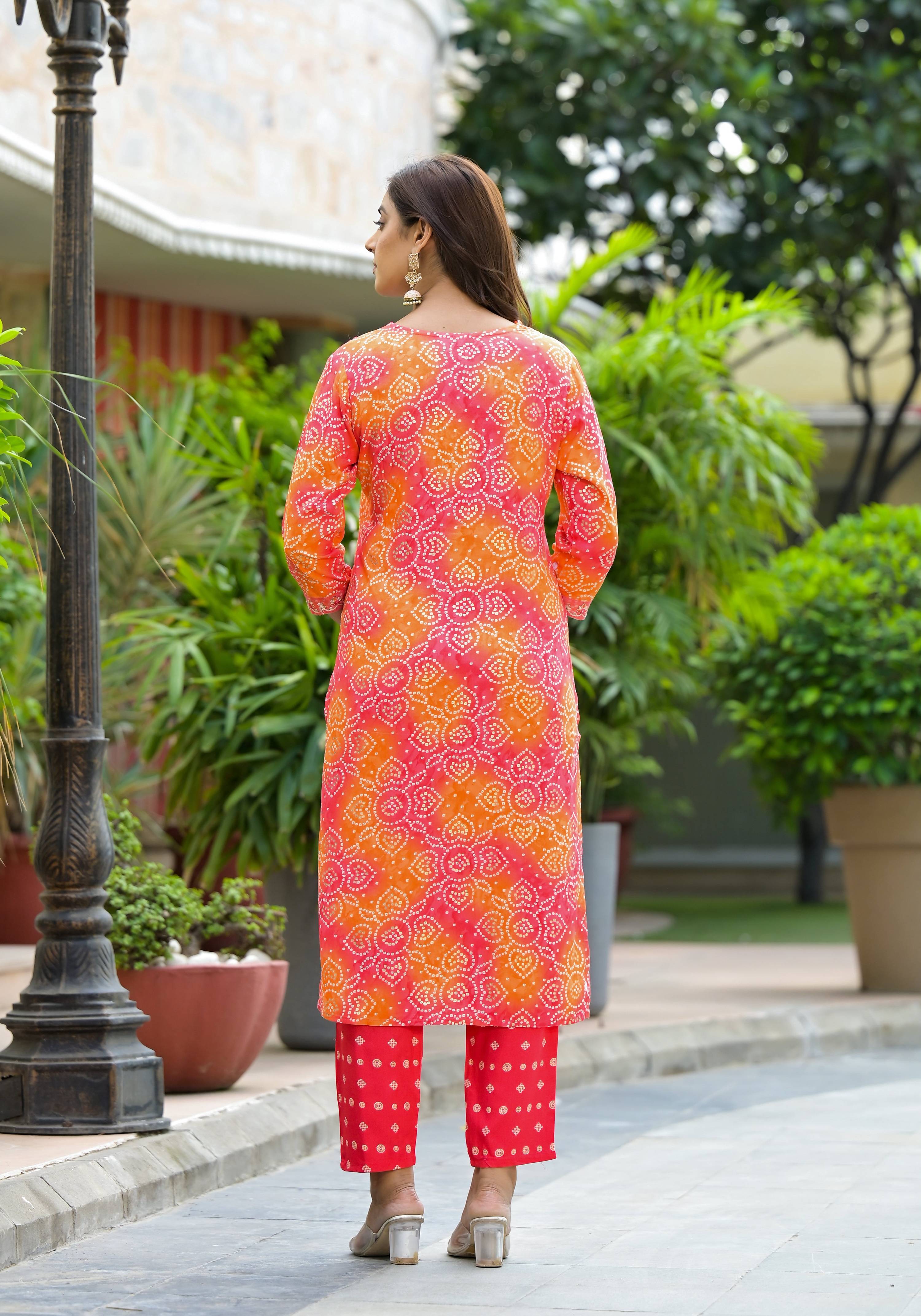 Applique Embroidered & Bandhani Printed Kurta With Pant & Printed Dupatta, Orange - Hiral Fashion - Distacart