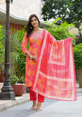 Applique Embroidered & Bandhani Printed Kurta With Pant & Printed Dupatta, Orange - Hiral Fashion - Distacart