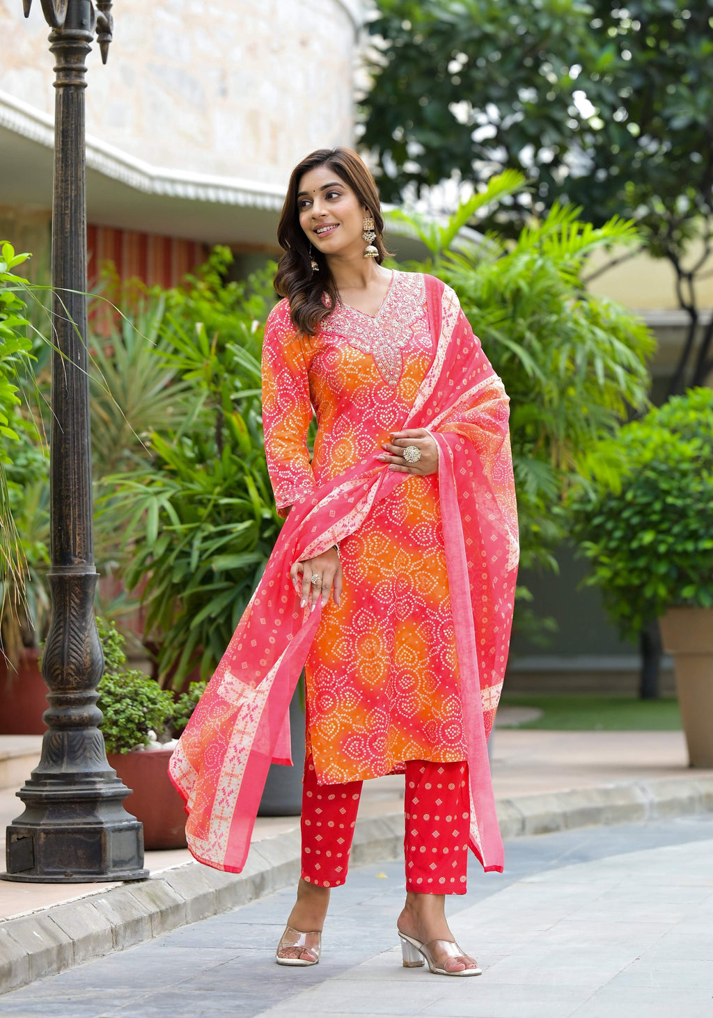 Applique Embroidered & Bandhani Printed Kurta With Pant & Printed Dupatta, Orange - Hiral Fashion - Distacart