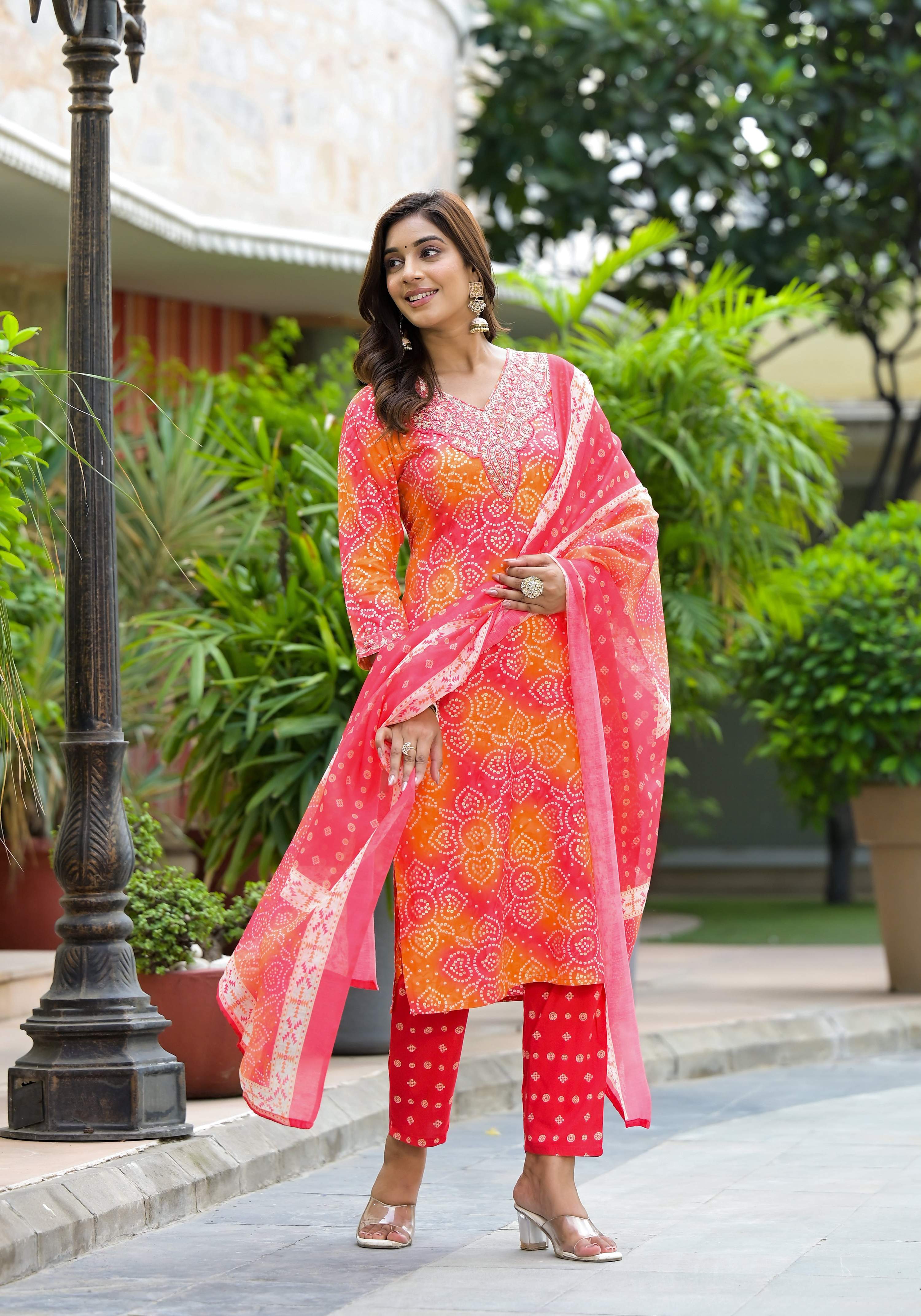 Applique Embroidered & Bandhani Printed Kurta With Pant & Printed Dupatta, Orange - Hiral Fashion - Distacart