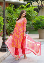 Applique Embroidered & Bandhani Printed Kurta With Pant & Printed Dupatta, Orange - Hiral Fashion - Distacart
