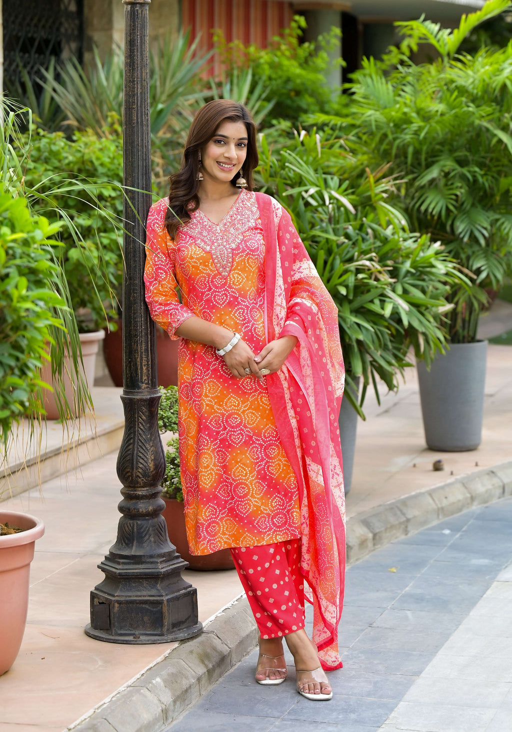 Applique Embroidered & Bandhani Printed Kurta With Pant & Printed Dupatta, Orange - Hiral Fashion - Distacart