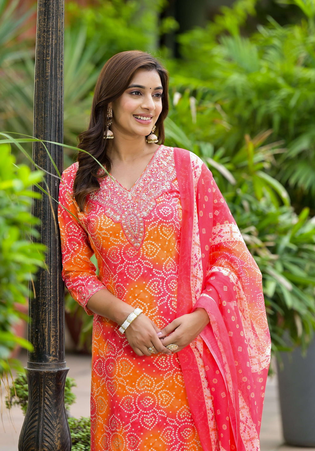 Applique Embroidered & Bandhani Printed Kurta With Pant & Printed Dupatta, Orange - Hiral Fashion - Distacart