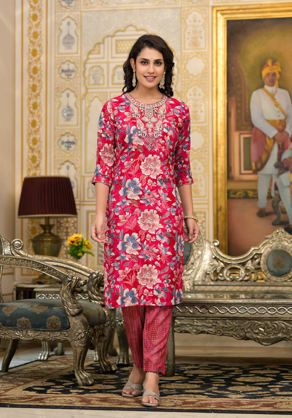Applique Embroidered & Floral Printed Kurta With Pant & Printed Dupatta, Pink - Hiral Fashion - Distacart