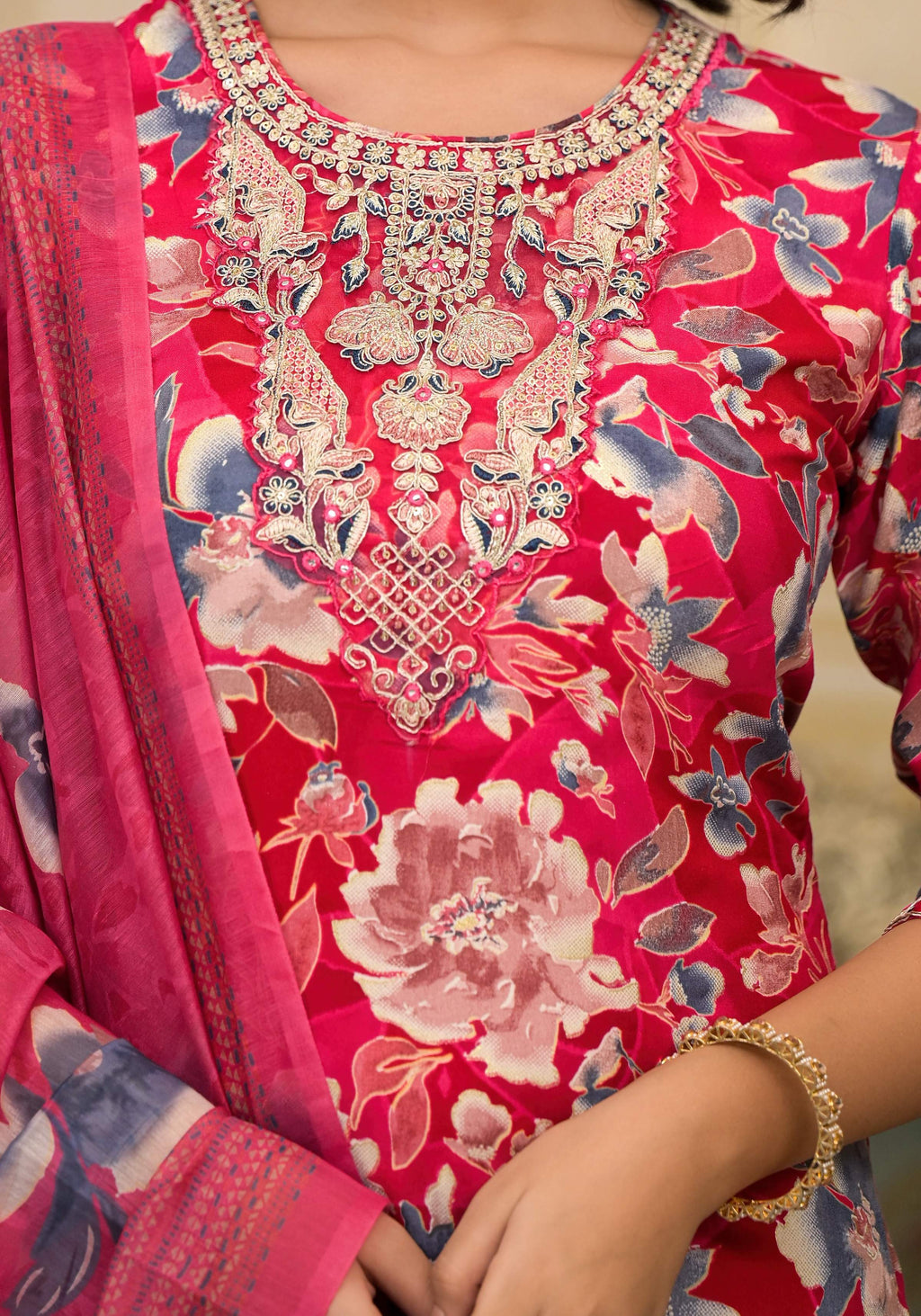 Applique Embroidered & Floral Printed Kurta With Pant & Printed Dupatta, Pink - Hiral Fashion - Distacart