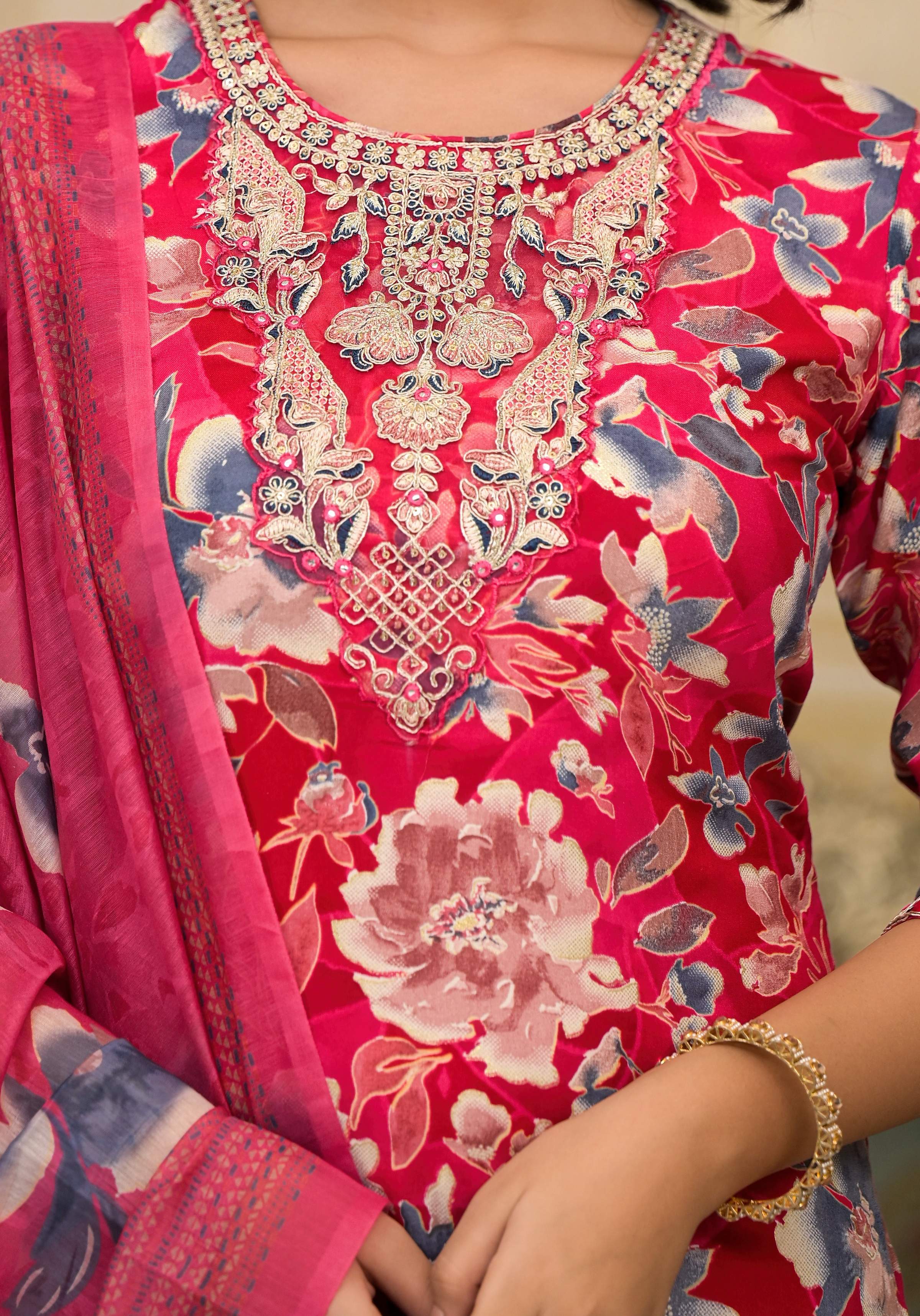 Applique Embroidered & Floral Printed Kurta With Pant & Printed Dupatta, Pink - Hiral Fashion - Distacart