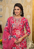 Applique Embroidered & Floral Printed Kurta With Pant & Printed Dupatta, Pink - Hiral Fashion - Distacart