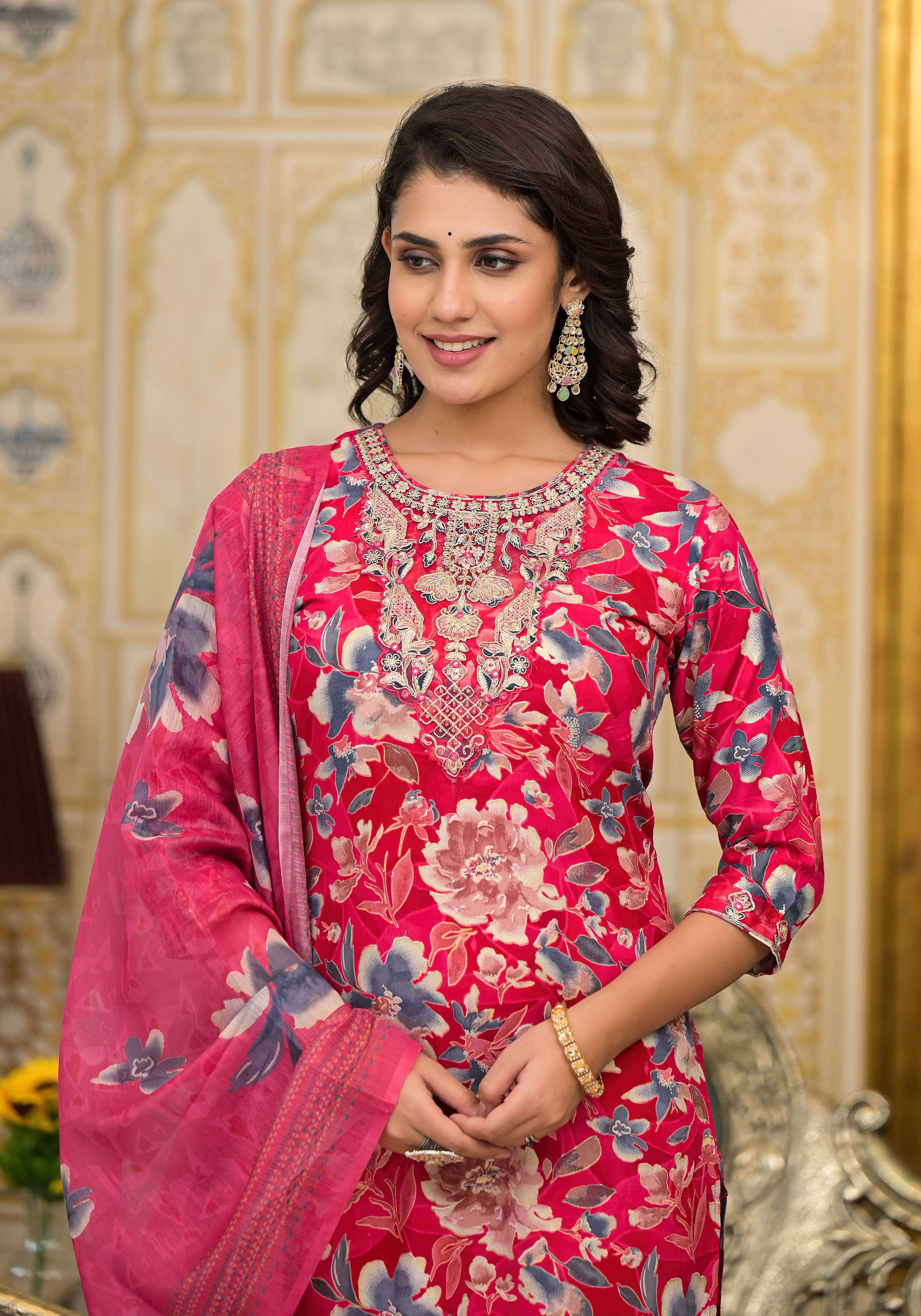 Applique Embroidered & Floral Printed Kurta With Pant & Printed Dupatta, Pink - Hiral Fashion - Distacart