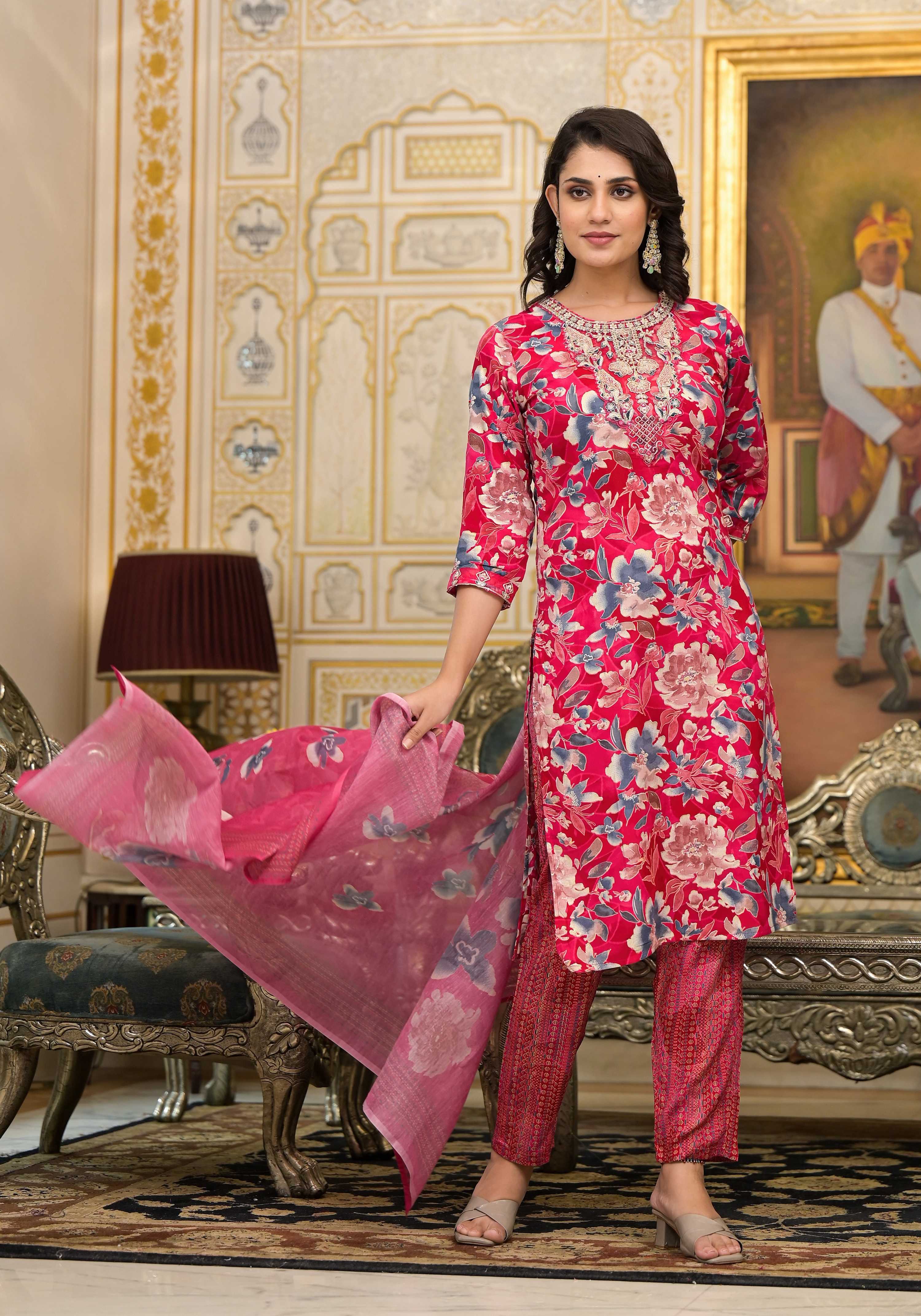 Applique Embroidered & Floral Printed Kurta With Pant & Printed Dupatta, Pink - Hiral Fashion - Distacart