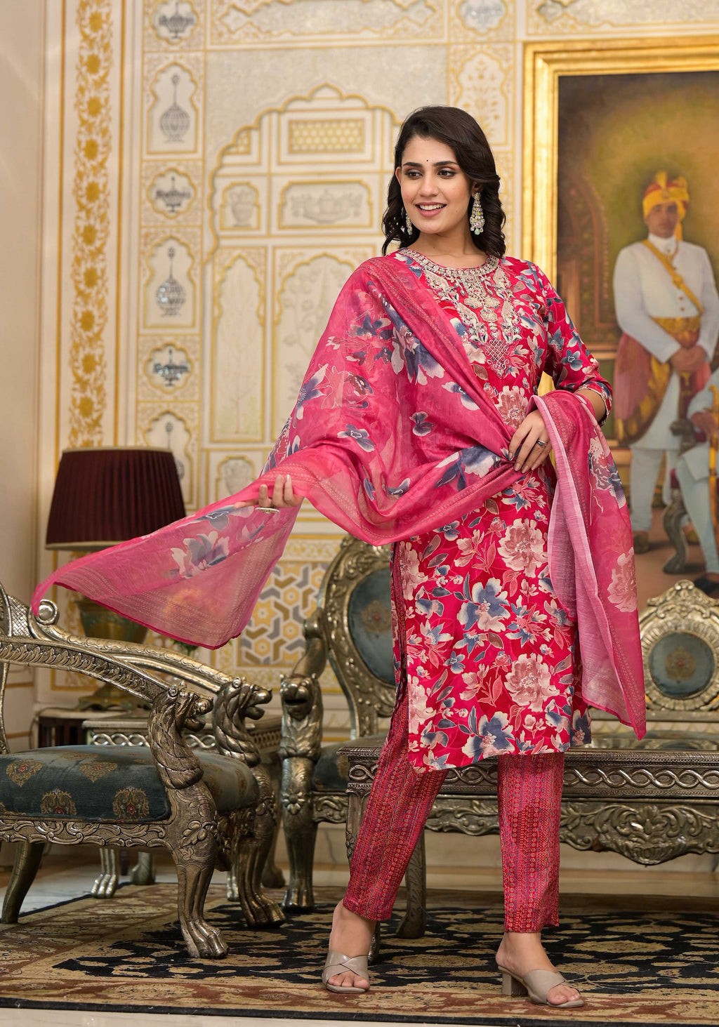 Applique Embroidered & Floral Printed Kurta With Pant & Printed Dupatta, Pink - Hiral Fashion - Distacart