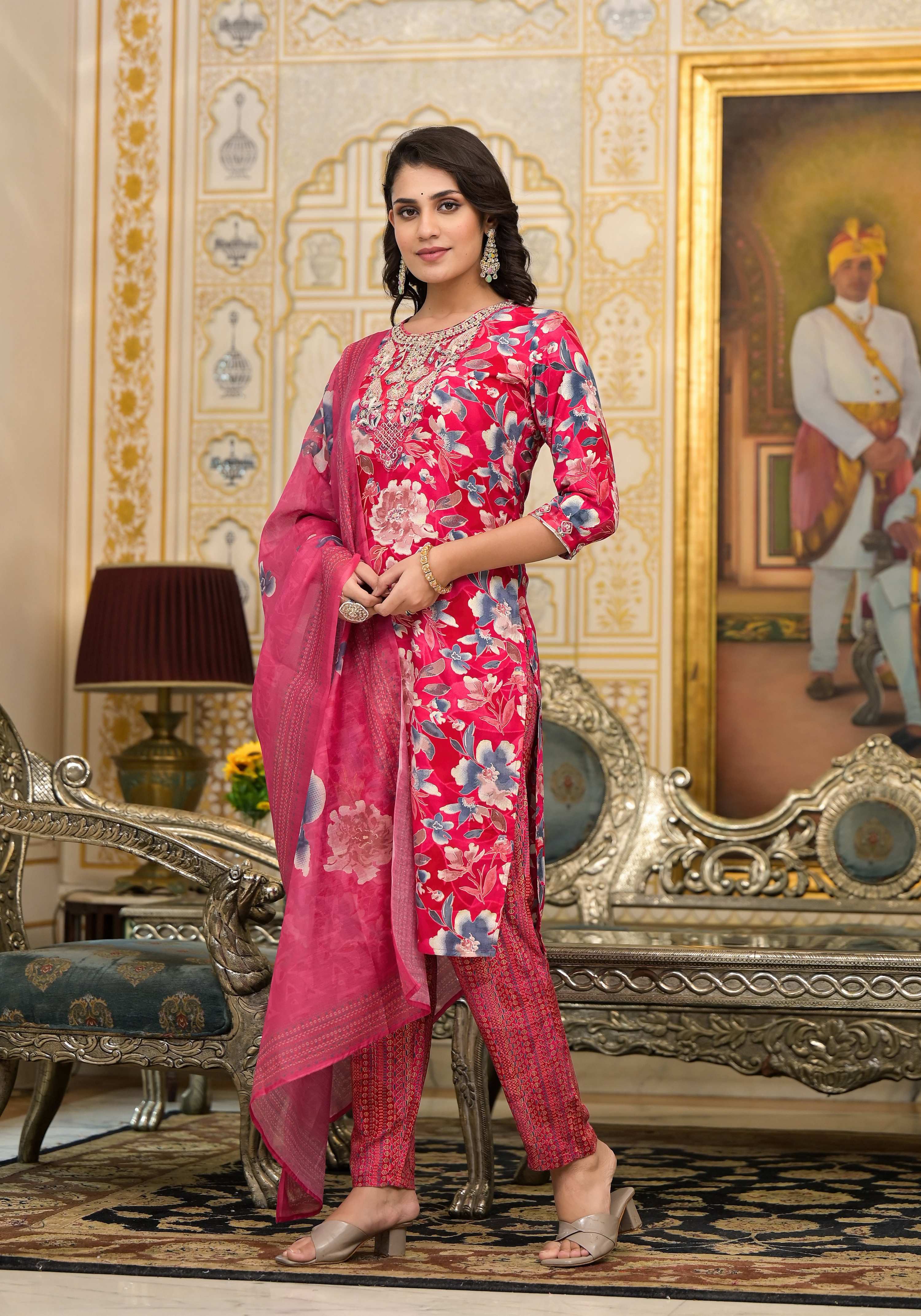 Applique Embroidered & Floral Printed Kurta With Pant & Printed Dupatta, Pink - Hiral Fashion - Distacart